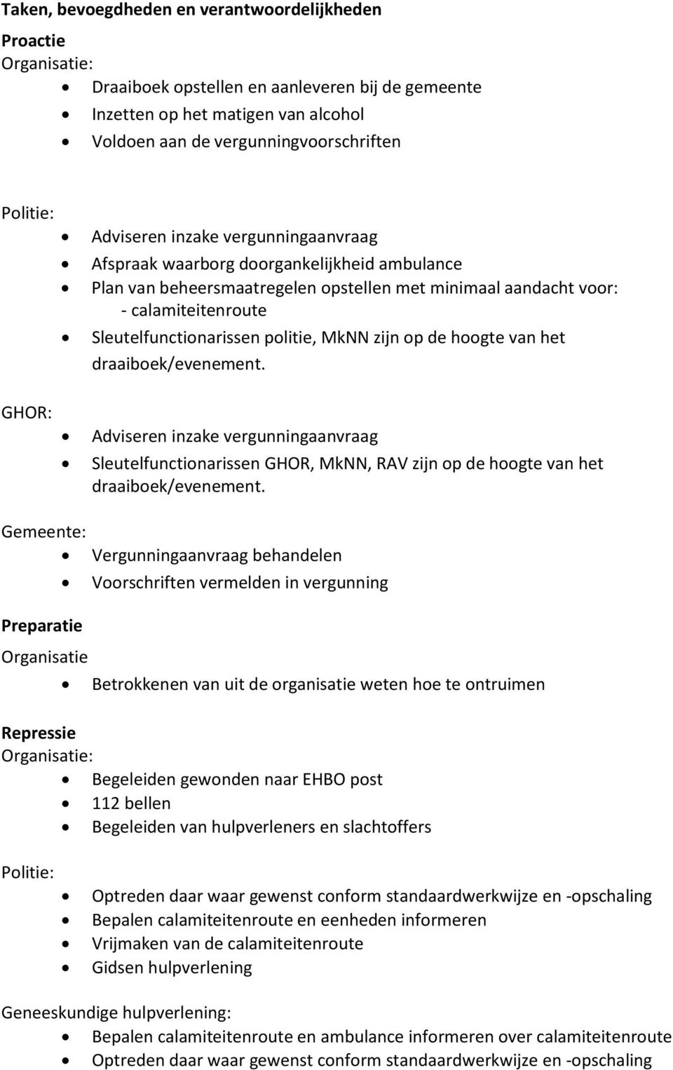 hoogte van het draaiboek/evenement. GHOR: Adviseren inzake vergunningaanvraag Sleutelfunctionarissen GHOR, MkNN, RAV zijn op de hoogte van het draaiboek/evenement.