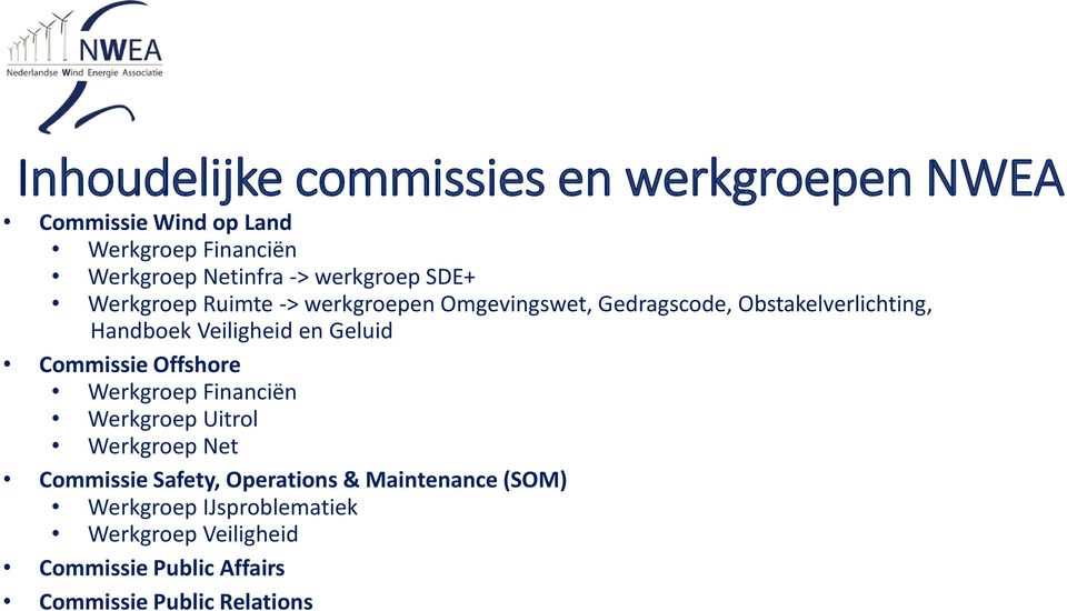 Veiligheid en Geluid Commissie Offshore Werkgroep Financiën Werkgroep Uitrol Werkgroep Net Commissie Safety,