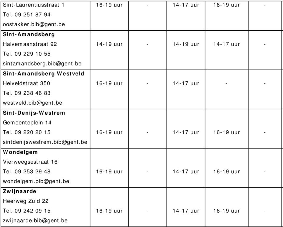 09 220 20 15 sintdenijswestrem.bib@gent.be Wondelgem Vierweegsestraat 16 Tel. 09 253 29 48 wondelgem.bib@gent.be Zwijnaarde Heerweg Zuid 22 Tel.