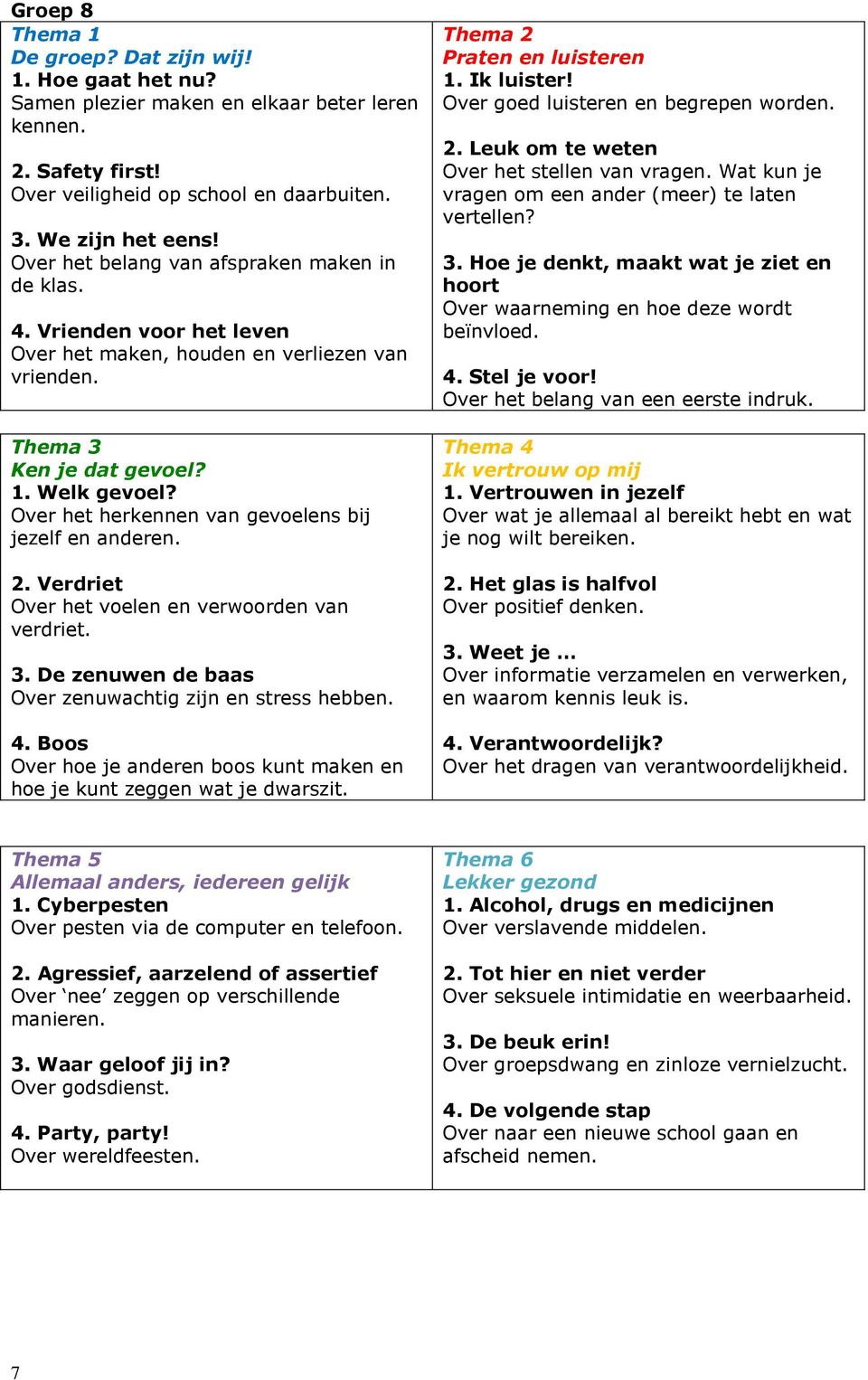 Verdriet Over het voelen en verwoorden van verdriet. 3. De zenuwen de baas Over zenuwachtig zijn en stress hebben. 4. Boos Over hoe je anderen boos kunt maken en hoe je kunt zeggen wat je dwarszit. 1.