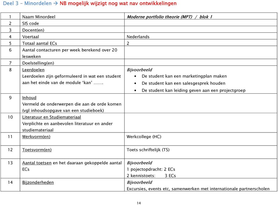 Bijvoorbeeld De student kan een marketingplan maken De student kan een salesgesprek houden De student kan leiding geven aan een projectgroep 9 Inhoud Vermeld de onderwerpen die aan de orde komen (vgl