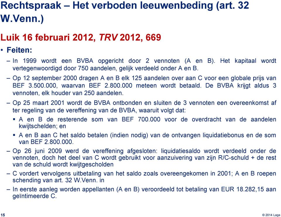 000, waarvan BEF 2.800.000 meteen wordt betaald. De BVBA krijgt aldus 3 vennoten, elk houder van 250 aandelen.