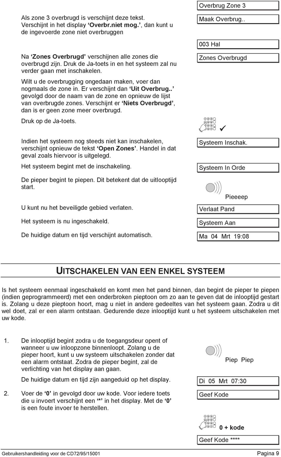 Wilt u de overbrugging ongedaan maken, voer dan nogmaals de zone in. Er verschijnt dan Uit Overbrug.. gevolgd door de naam van de zone en opnieuw de lijst van overbrugde zones.