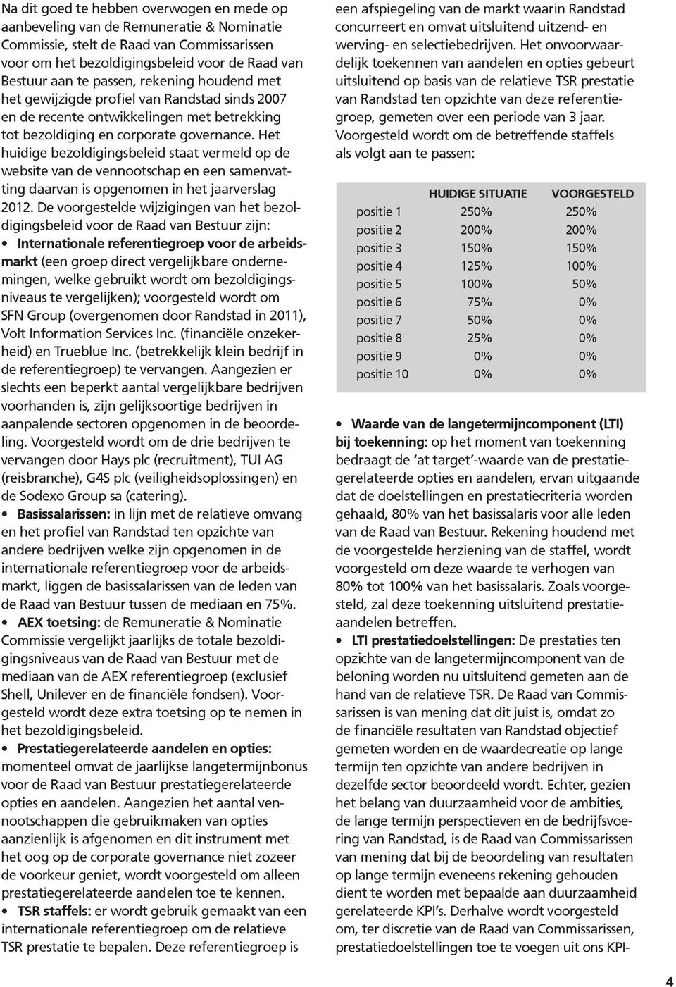 Het huidige bezoldigingsbeleid staat vermeld op de website van de vennootschap en een samenvatting daarvan is opgenomen in het jaarverslag 2012.