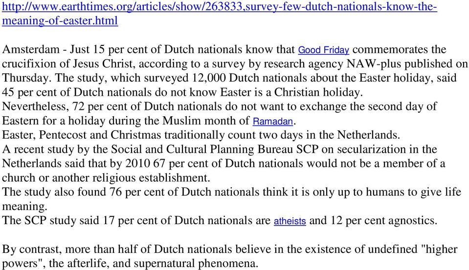 The study, which surveyed 12,000 Dutch nationals about the Easter holiday, said 45 per cent of Dutch nationals do not know Easter is a Christian holiday.