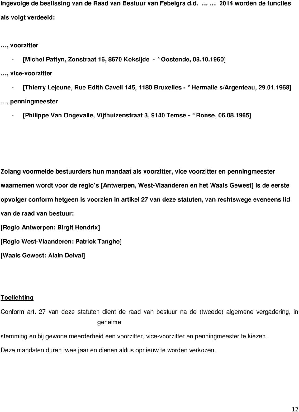 1968], penningmeester - [Philippe Van Ongevalle, Vijfhuizenstraat 3, 9140 Temse - Ronse, 06.08.