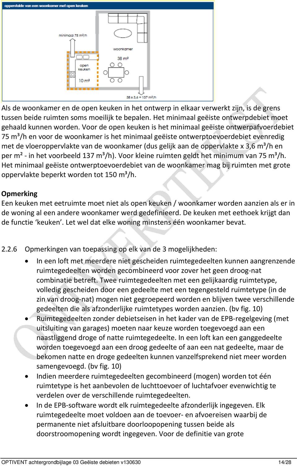 gelijk aan de oppervlakte x 3,6 m³/h en per m² in het voorbeeld 137 m³/h). Voor kleine ruimten geldt het minimum van 75 m³/h.