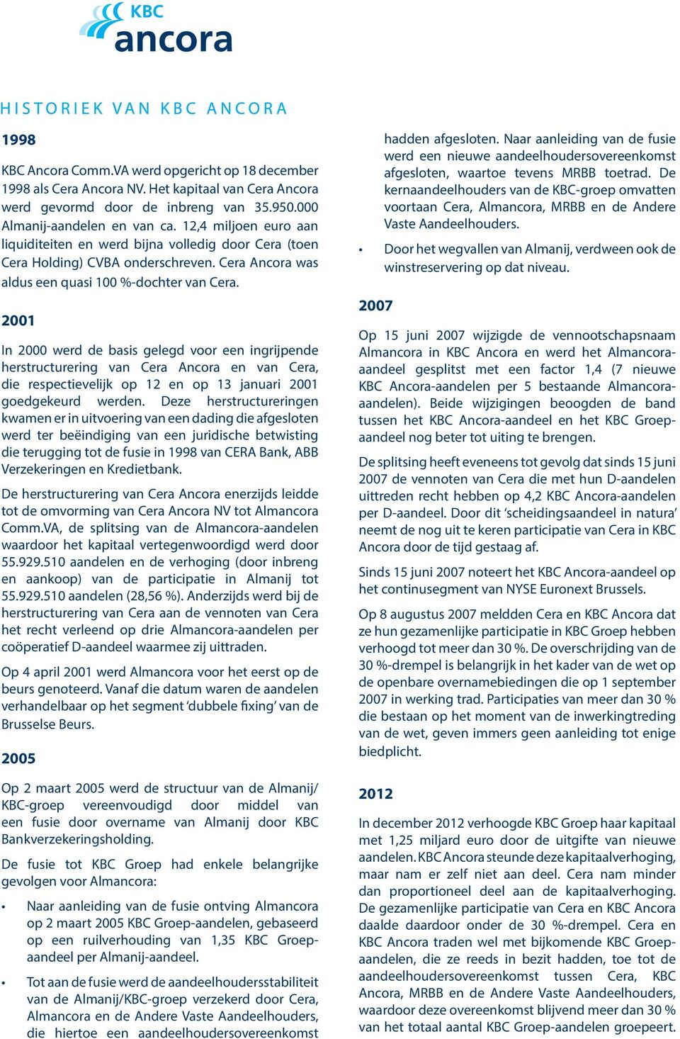 2001 In 2000 werd de basis gelegd voor een ingrijpende herstructurering van Cera Ancora en van Cera, die respectievelijk op 12 en op 13 januari 2001 goedgekeurd werden.