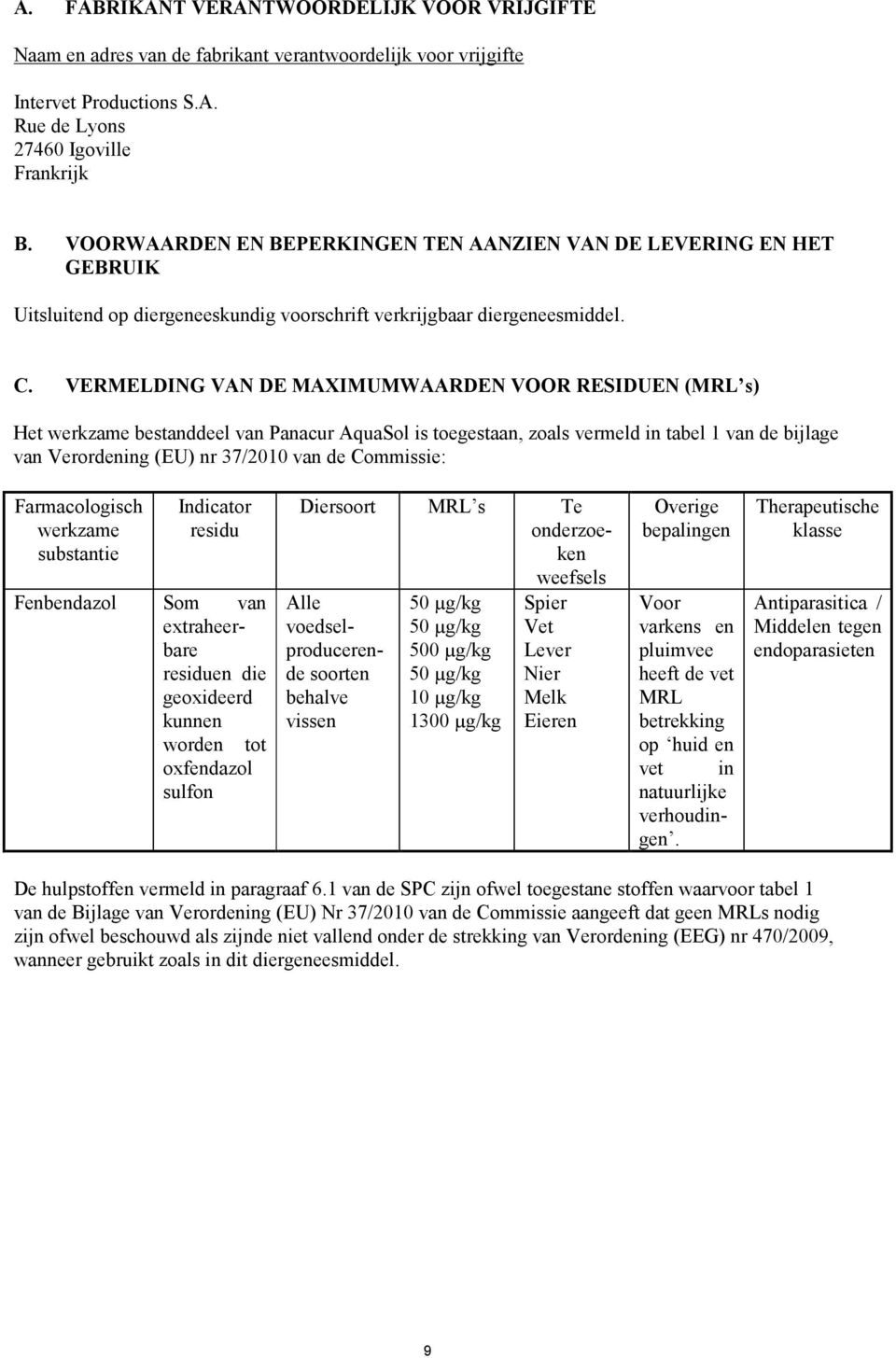 VERMELDING VAN DE MAXIMUMWAARDEN VOOR RESIDUEN (MRL s) Het werkzame bestanddeel van Panacur AquaSol is toegestaan, zoals vermeld in tabel 1 van de bijlage van Verordening (EU) nr 37/2010 van de
