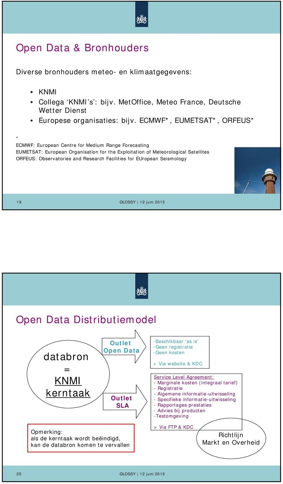 Facilities for EUropean Seismology 19 Open Data Distributiemodel databron = KNMI kerntaak Outlet Open Data Outlet SLA -Beschikbaar as is -Geen registratie -Geen kosten > Via website & KDC Service