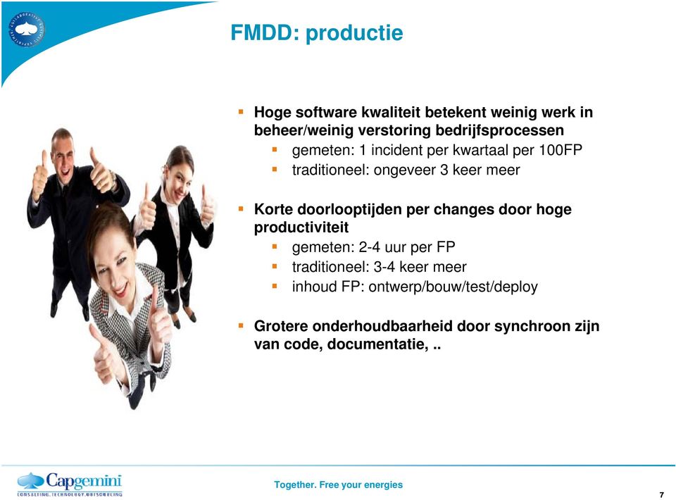 Korte doorlooptijden per changes door hoge productiviteit gemeten: 2-4 uur per FP traditioneel: 3-4