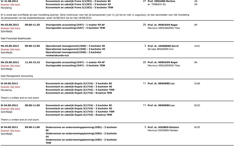 19/0/2012. Ma 0.09.2012 09.00-11.0 Voortgezette accounting(1547) - 1 master -AF 25 Voortgezette accounting(1547) - Mevrouw VERSLEEGERS Thea Deel Financieel Boekhouden Ma 0.09.2012 Operationeel management(1540) - bachelor BI Prof.
