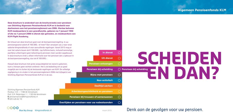 De inhoud van deze brochure gaat over de basispensioenregeling. Is uw pensioengevend salaris 100.000,- of meer? Dan verwijzen wij u naar onze website klmgrondfonds.nl voor aanvullende regelingen.