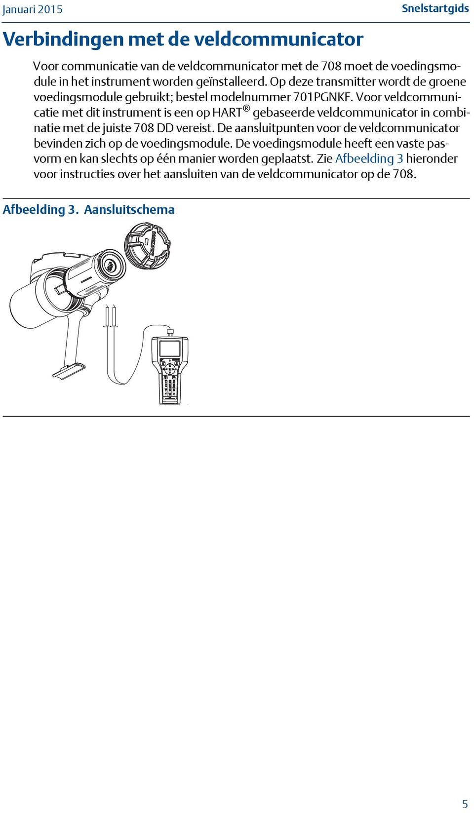 Voor veldcommunicatie met dit instrument is een op HART gebaseerde veldcommunicator in combinatie met de juiste 708 DD vereist.