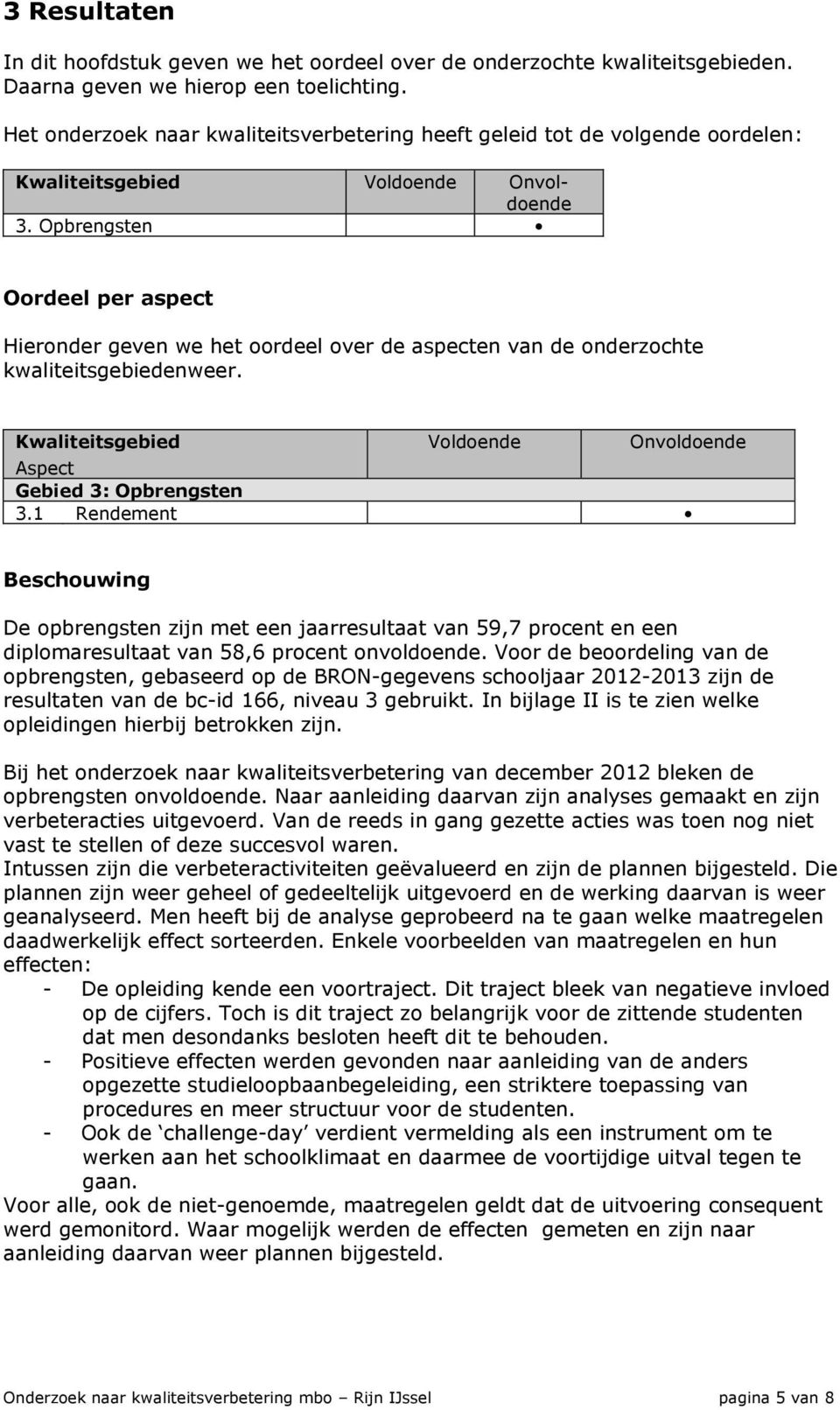 Opbrengsten Oordeel per aspect Hieronder geven we het oordeel over de aspecten van de onderzochte kwaliteitsgebiedenweer. Kwaliteitsgebied Voldoende Onvoldoende Aspect Gebied 3: Opbrengsten 3.