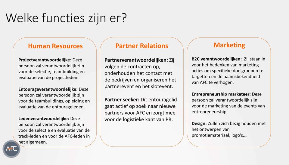 Ledenverantwoordelijke: Deze persoon zal verantwoordelijk zijn voor de selectie en evaluatie van de track-leden en voor de AFC-leden in het algemeen.