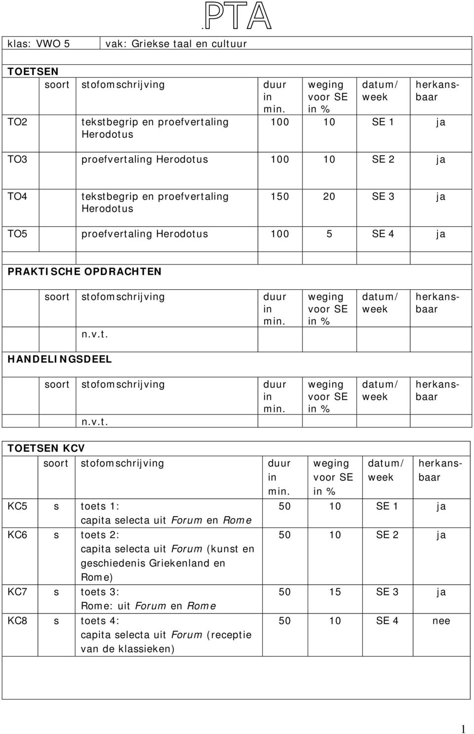 kstbegrip en proefvertalg Herodotus 150 20 SE 3 ja TO5 proefvertalg Herodotus 100 5 SE 4 ja soort stofomschrijvg n.v.t. duur soort stofomschrijvg n.v.t. duur KCV