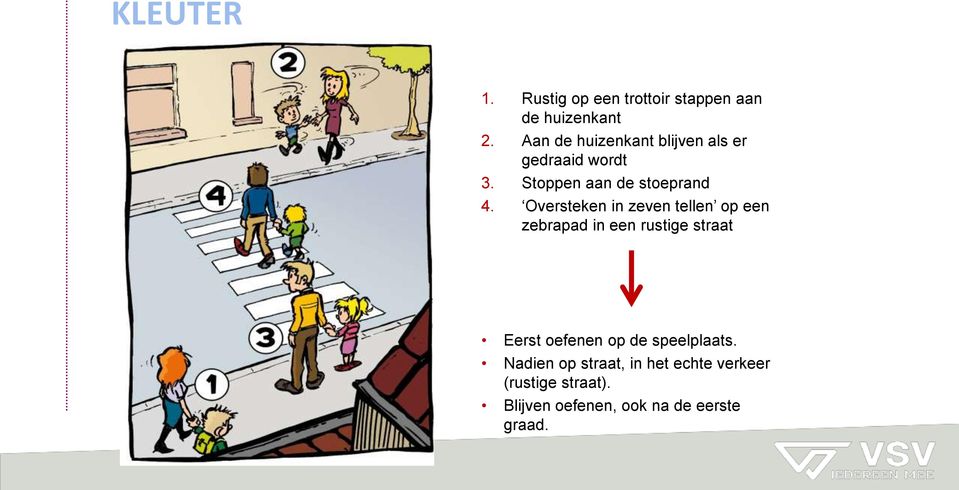 Oversteken in zeven tellen op een zebrapad in een rustige straat Eerst oefenen op de