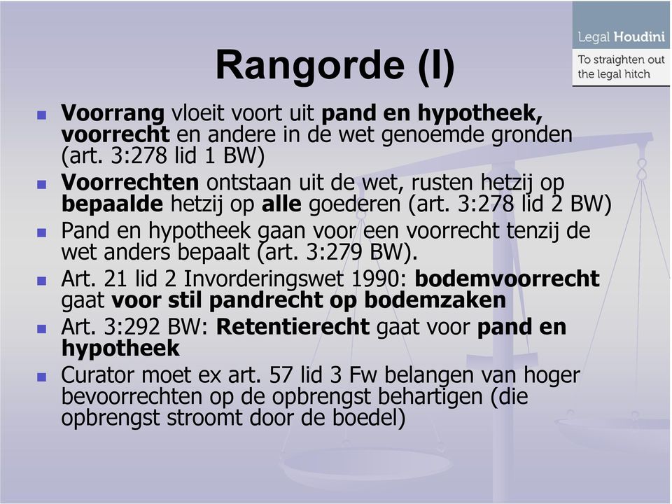 3:278 lid 2 BW) Pand en hypotheek gaan voor een voorrecht tenzij de wet anders bepaalt (art. 3:279 BW). Art.