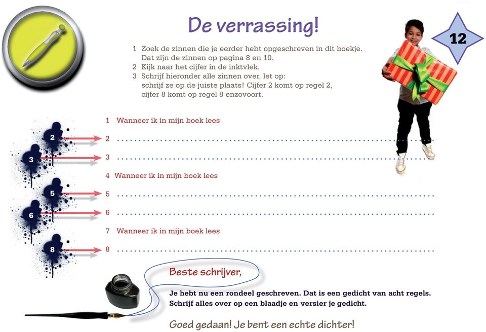 Cijfer 2 komt op regel 2, cijfer 8 komt op regel 8 enzovoort. 12 3 6 2 5 8 1 Wanneer ik in mijn boek lees 2... 3... 4 Wanneer ik in mijn boek lees 5... 6... 7 Wanneer ik in mijn boek lees 8.