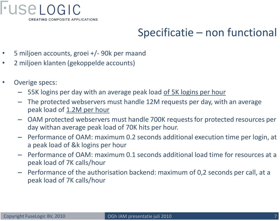 2M per hour OAM protected webservers must handle 700K requests for protected resources per day withan average peak load of 70K hits per hour. Performance of OAM: maximum 0.