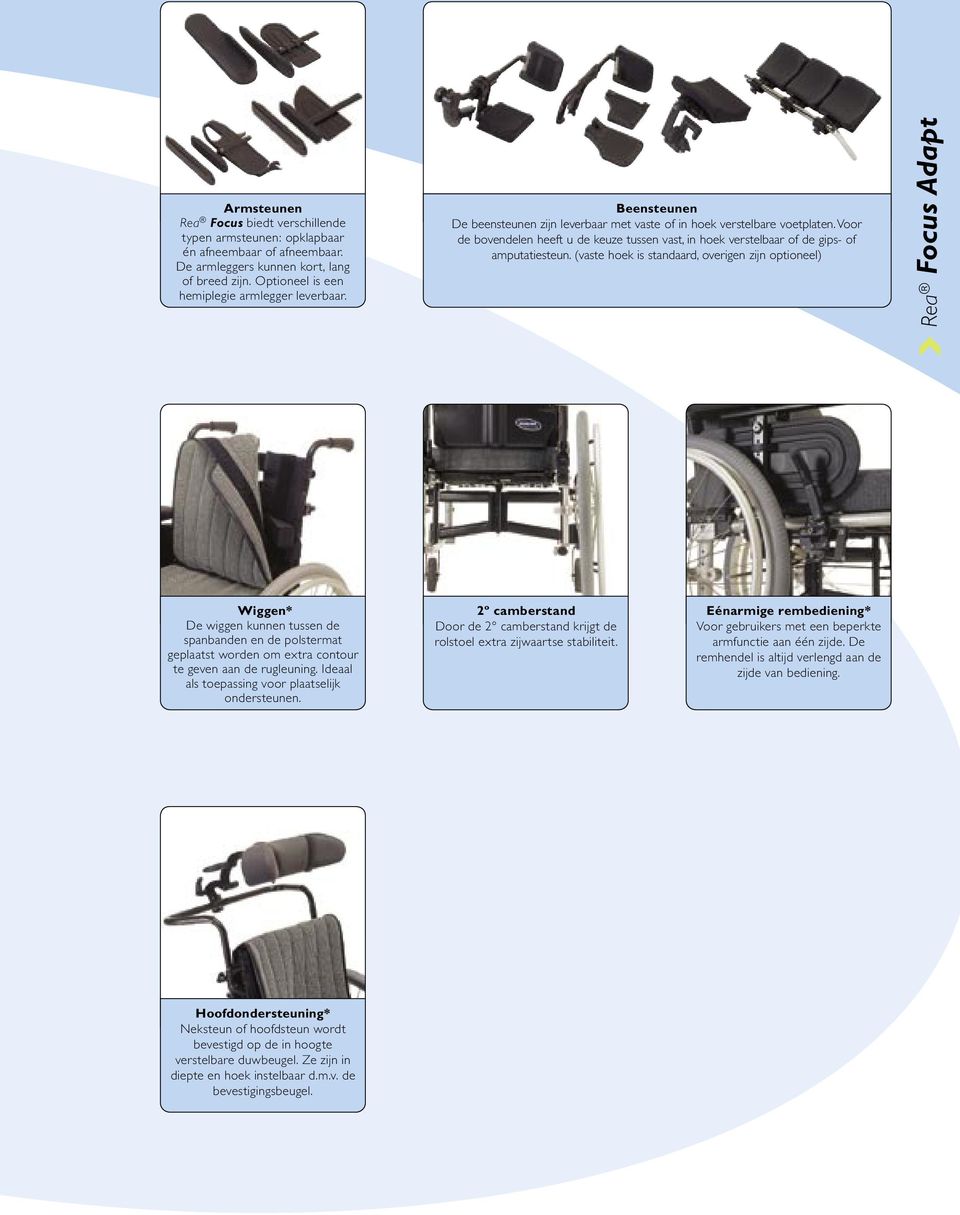 (vaste hoek is standaard, overigen zijn optioneel) Rea Focus Adapt Wiggen* De wiggen kunnen tussen de spanbanden en de polstermat geplaatst worden om extra contour te geven aan de rugleuning.