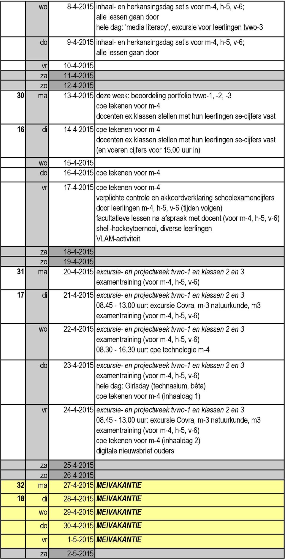 klassen stellen met hun leerlingen se-cijfers vast 16 di 14-4-2015 cpe tekenen voor m-4 centen ex.klassen stellen met hun leerlingen se-cijfers vast (en voeren cijfers voor 15.