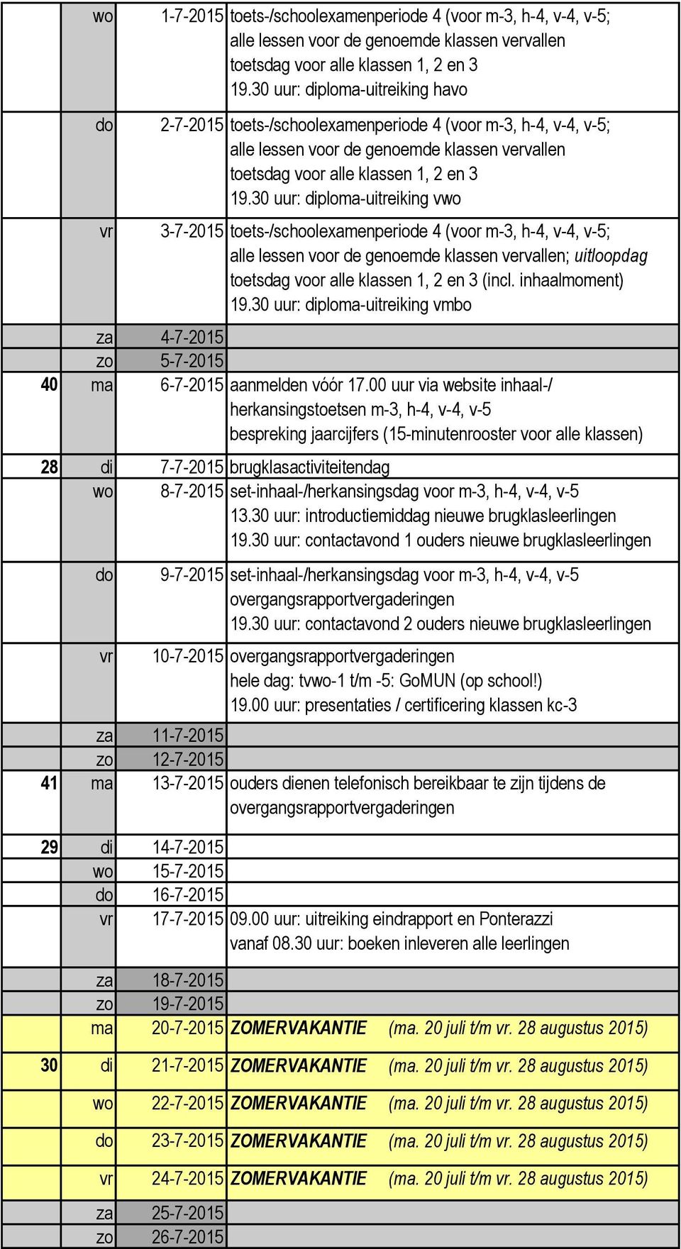 30 uur: diploma-uitreiking v 3-7-2015 toets-/schoolexamenperiode 4 (voor m-3, h-4, v-4, v-5; ; uitloopdag toetsdag voor alle klassen 1, 2 en 3 (incl. inhaalmoment) 19.