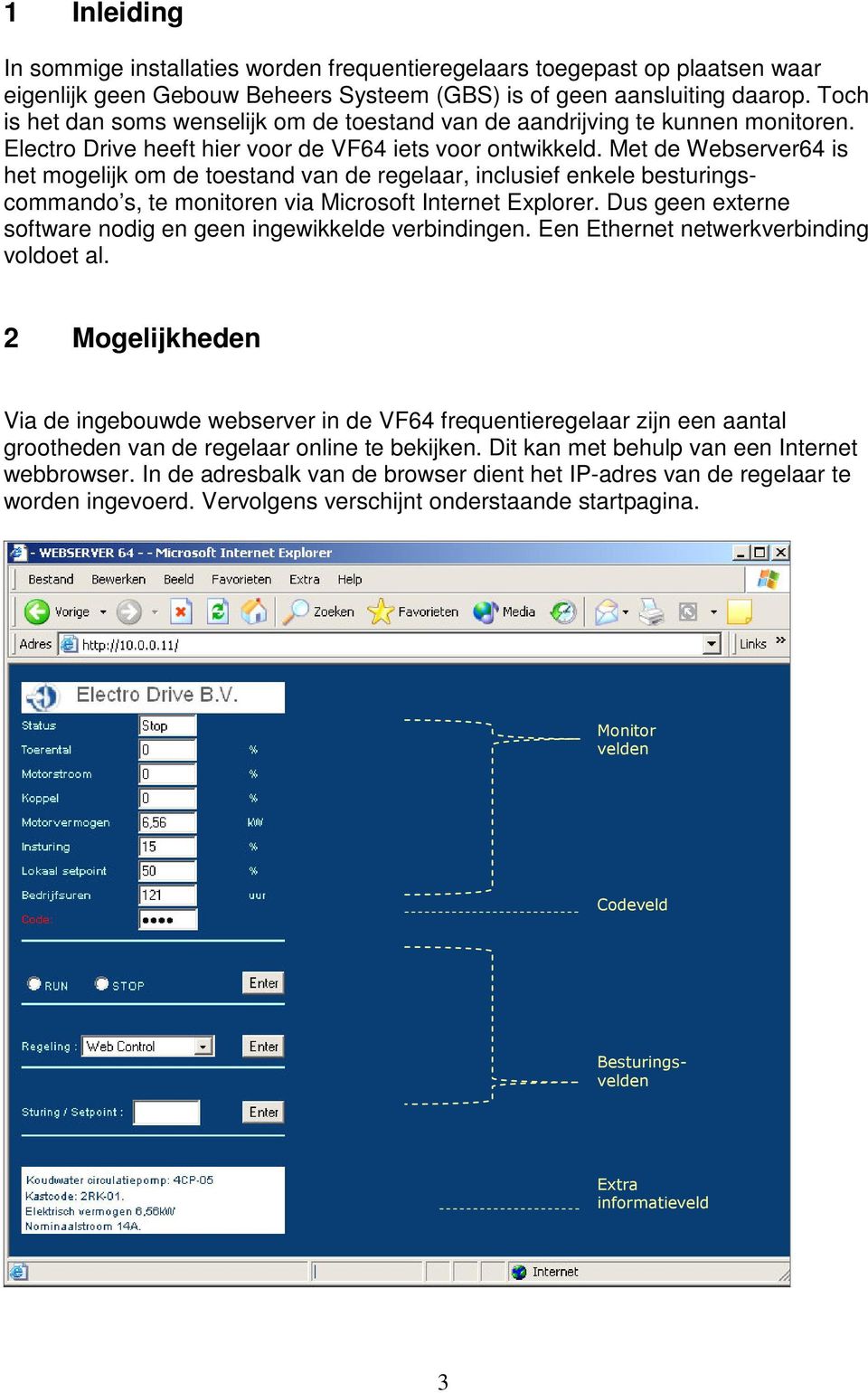 Met de Webserver64 is het mogelijk om de toestand van de regelaar, inclusief enkele besturingscommando s, te monitoren via Microsoft Internet Explorer.