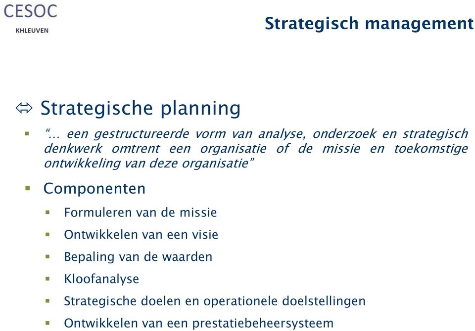 Componenten Formuleren van de missie Ontwikkelen van een visie Bepaling van de waarden