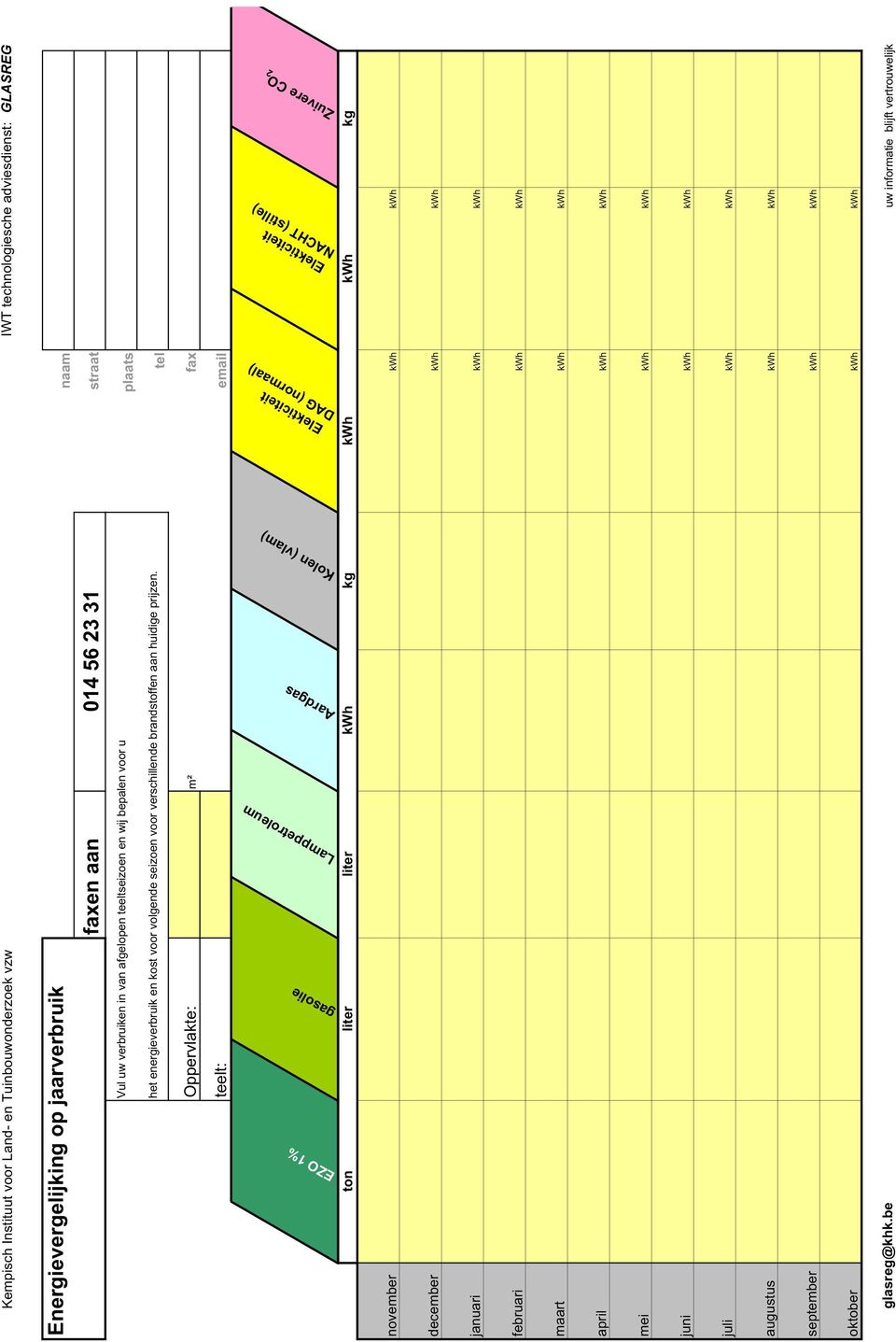 tel Oppervlakte: m² fax teelt: email gasolie Lamppetroleum Aardgas Kolen (vlam) Elekticiteit DAG (normaal) Elekticiteit NACHT (stille) Zuivere CO2 ton liter liter kwh kg kwh kwh kg