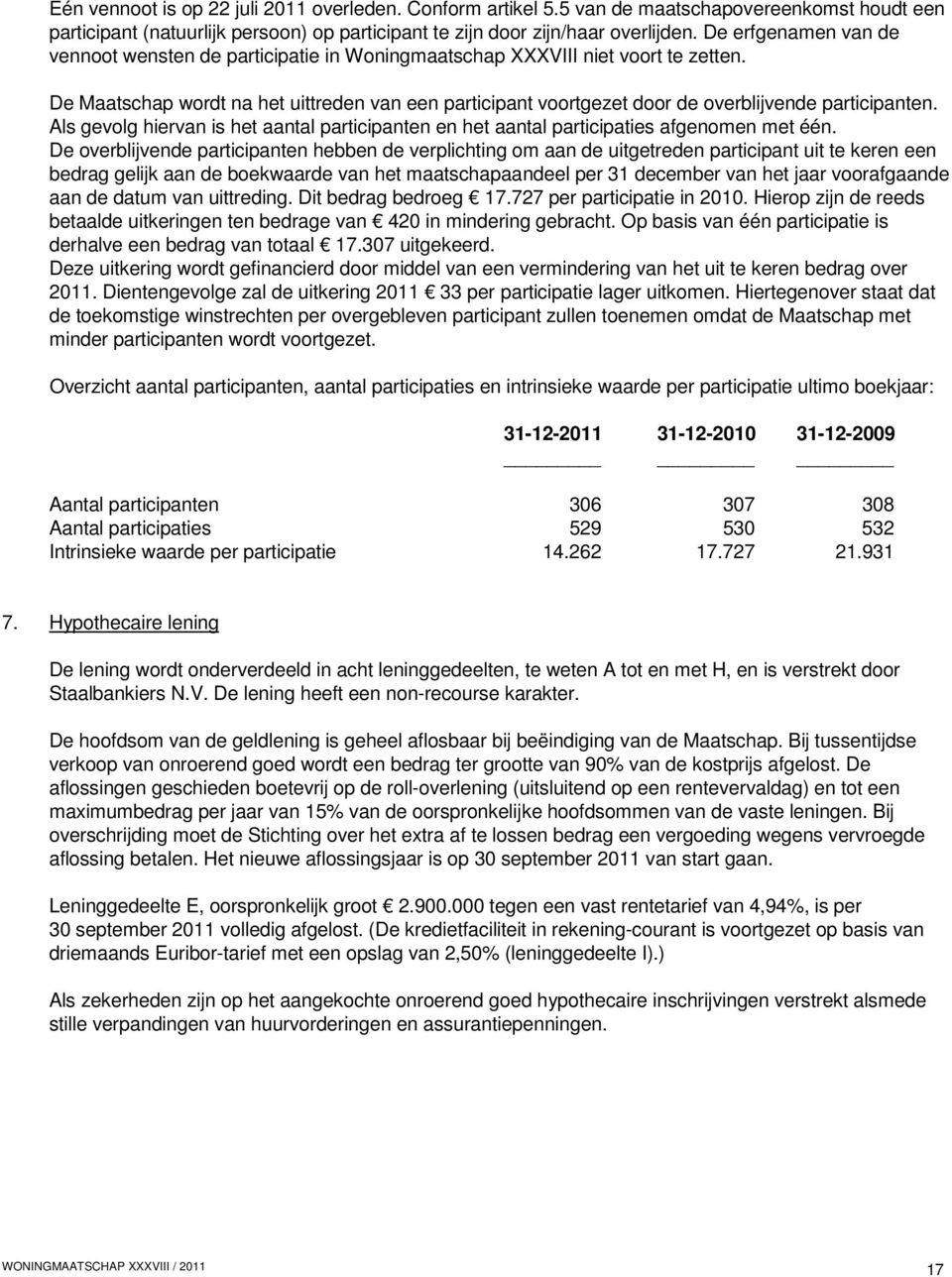 De Maatschap wordt na het uittreden van een participant voortgezet door de overblijvende participanten. Als gevolg hiervan is het aantal participanten en het aantal participaties afgenomen met één.