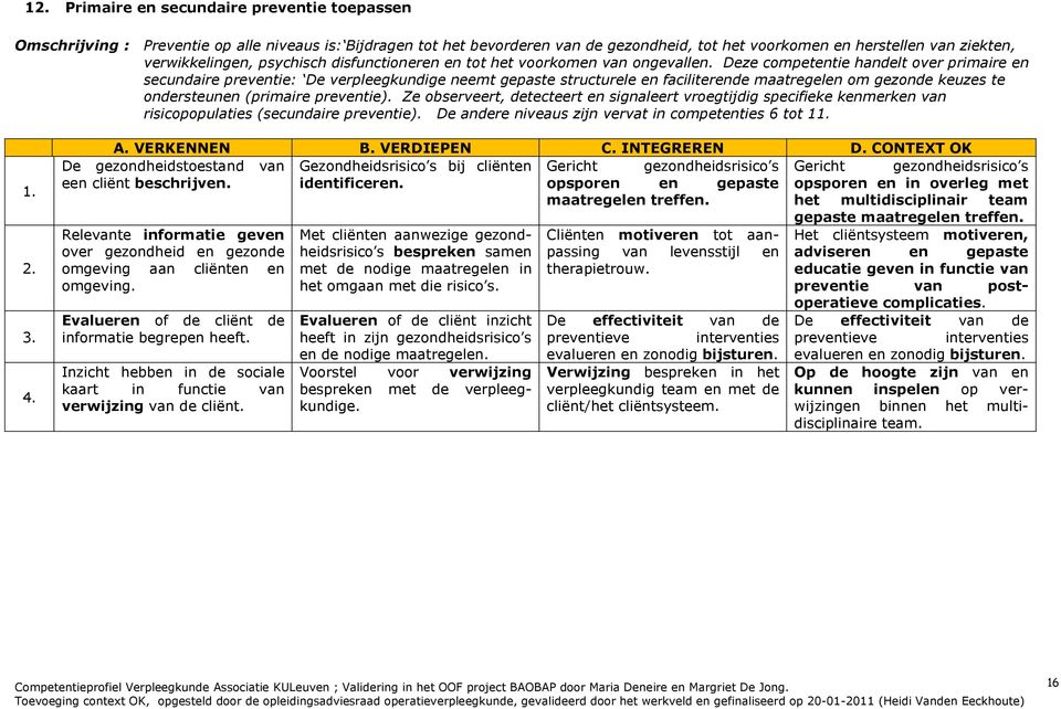 Deze competentie handelt over primaire en secundaire preventie: De verpleegkundige neemt gepaste structurele en faciliterende maatregelen om gezonde keuzes te ondersteunen (primaire preventie).