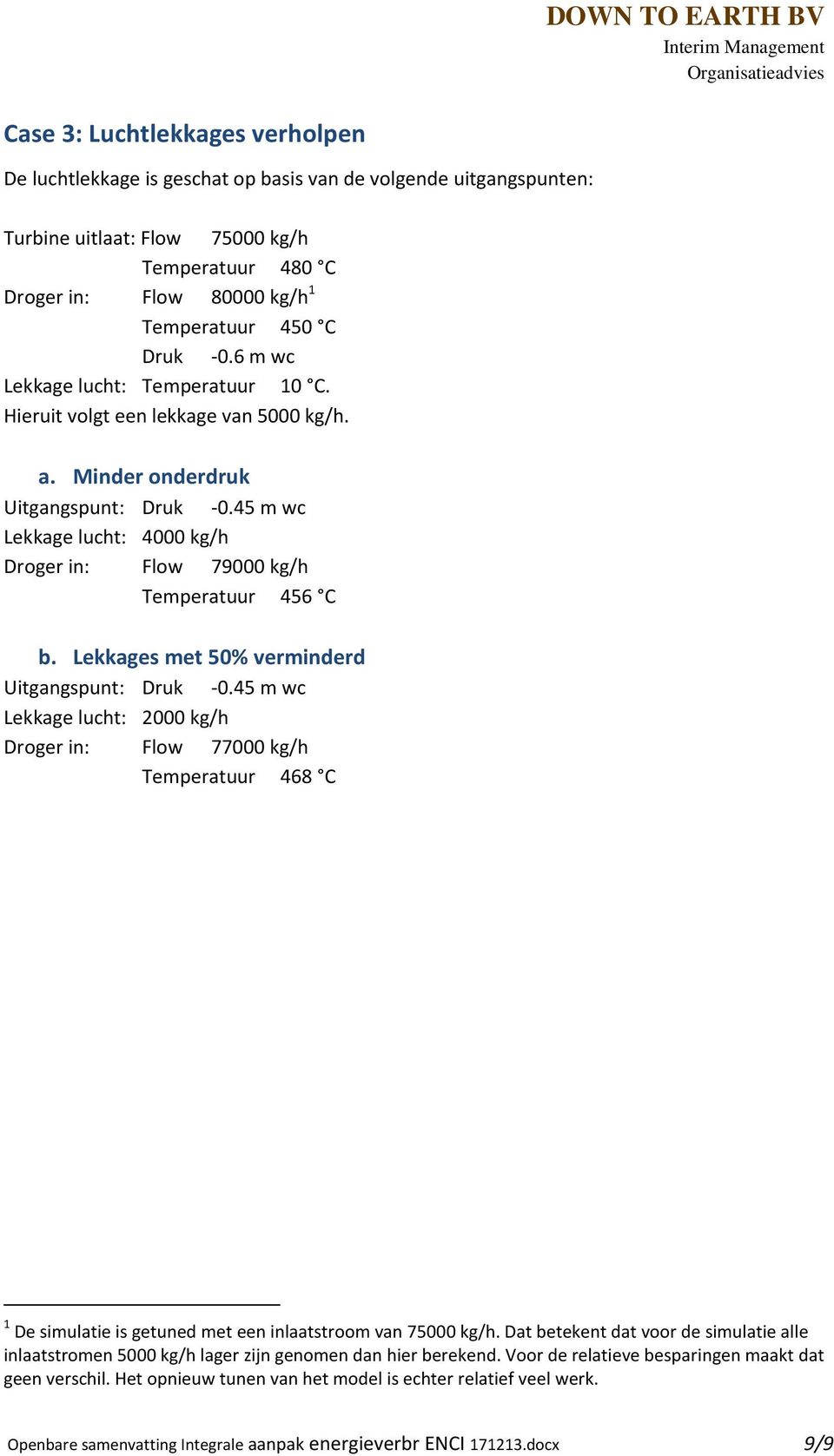 45 m wc Lekkage lucht: 4000 kg/h Droger in: Flow 79000 kg/h Temperatuur 456 C b. Lekkages met 50% verminderd Uitgangspunt: Druk -0.