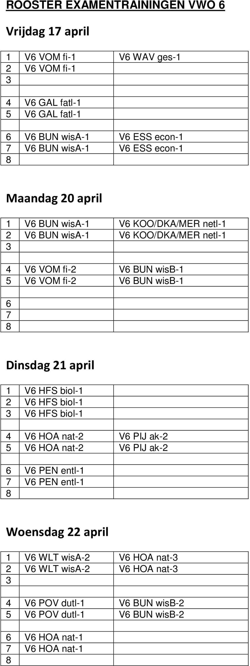 BUN wisb-1 6 7 8 Dinsdag 21 april 1 V6 HFS biol-1 2 V6 HFS biol-1 3 V6 HFS biol-1 4 V6 HOA nat-2 V6 PIJ ak-2 5 V6 HOA nat-2 V6 PIJ ak-2 6 V6 PEN entl-1 7 V6 PEN