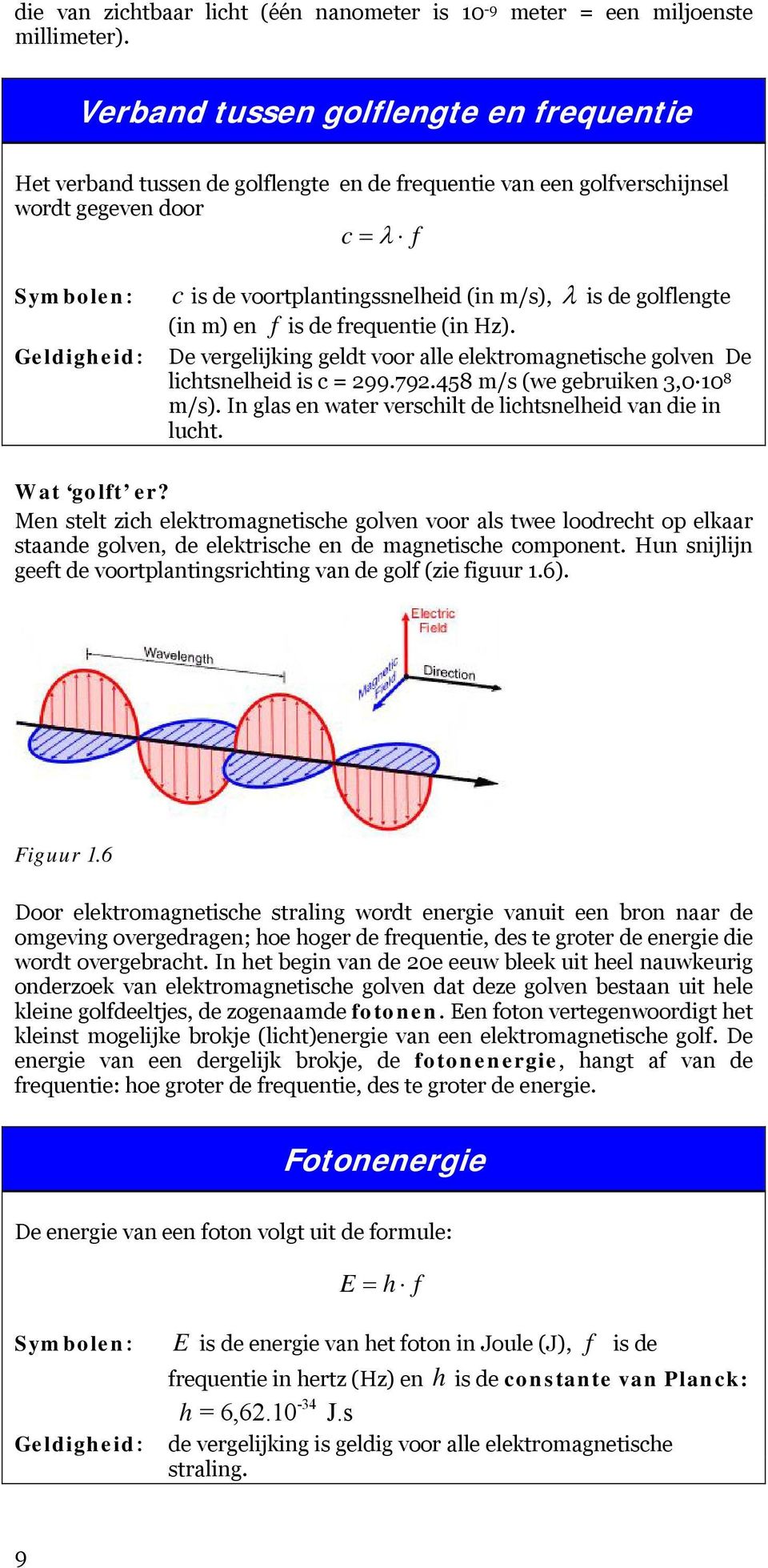 m/s), λ is de golflengte (in m) en f is de frequentie (in Hz). De vergelijking geldt voor alle elektromagnetische golven De lichtsnelheid is c = 299.792.458 m/s (we gebruiken 3,0 10 8 m/s).