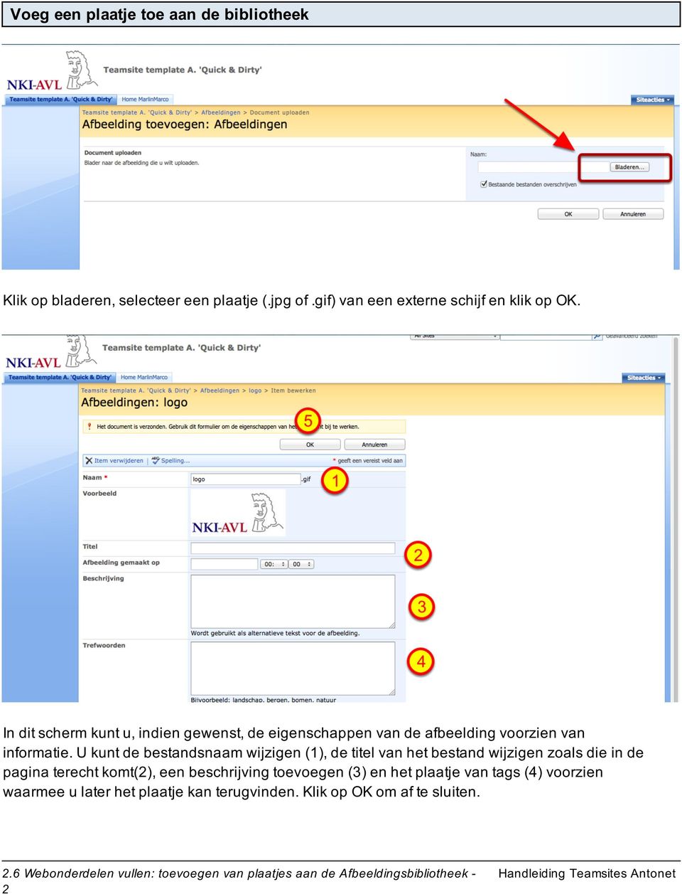 U kunt de bestandsnaam wijzigen (1), de titel van het bestand wijzigen zoals die in de pagina terecht komt(2), een beschrijving toevoegen (3)