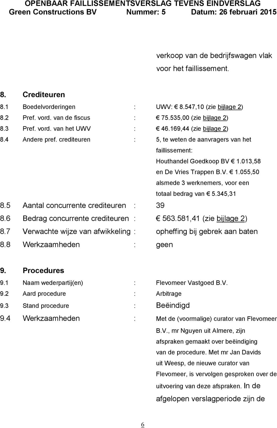 345,31 8.5 Aantal concurrente crediteuren : 39 8.6 Bedrag concurrente crediteuren : 563.581,41 (zie bijlage 2) 8.7 Verwachte wijze van afwikkeling : opheffing bij gebrek aan baten 8.