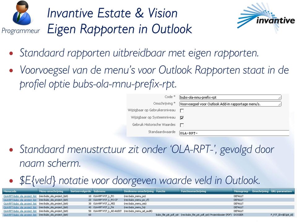 Voorvoegsel van de menu s voor Outlook Rapporten staat in de profiel optie