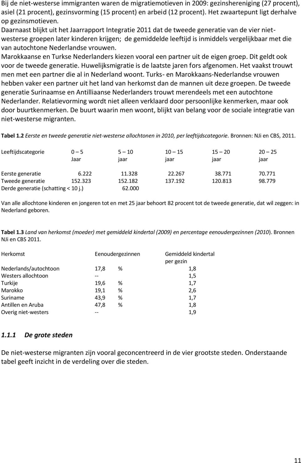 Daarnaast blijkt uit het Jaarrapport Integratie 2011 dat de tweede generatie van de vier nietwesterse groepen later kinderen krijgen; de gemiddelde leeftijd is inmiddels vergelijkbaar met die van