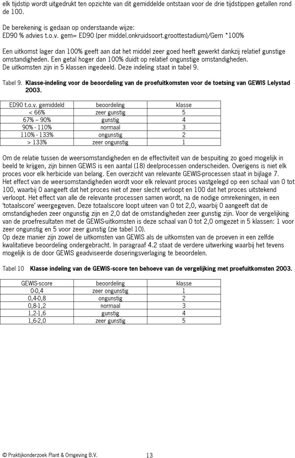 Een getal hoger dan 100% duidt op relatief ongunstige omstandigheden. De uitkomsten zijn in 5 klassen ingedeeld. Deze indeling staat in tabel 9. Tabel 9.