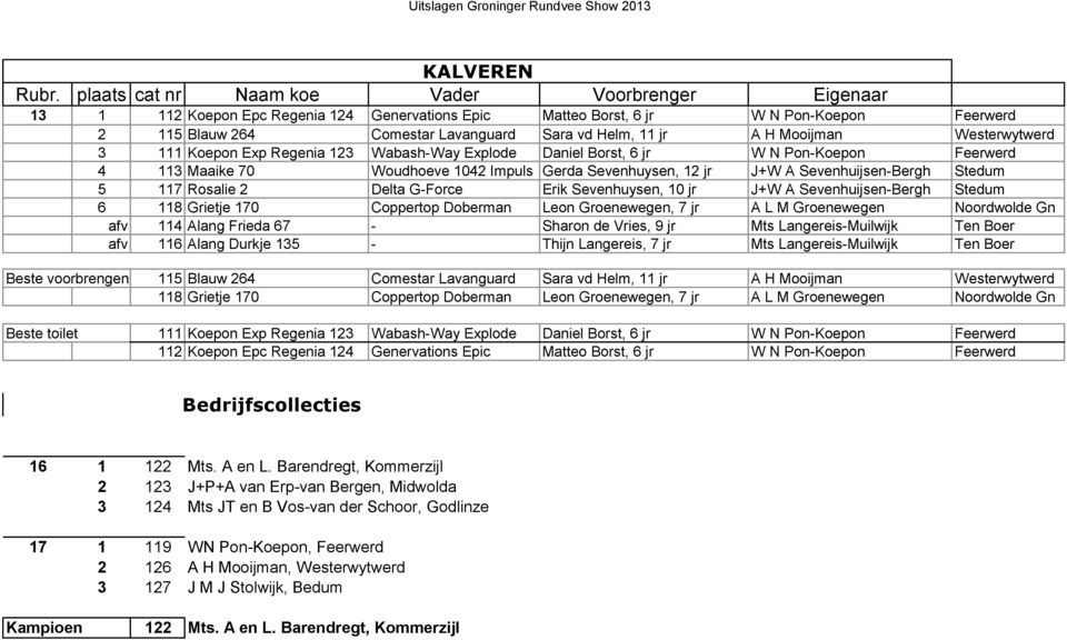 G-Force Erik Sevenhuysen, 10 jr J+W A Sevenhuijsen-Bergh Stedum 6 118 Grietje 170 Coppertop Doberman Leon Groenewegen, 7 jr A L M Groenewegen Noordwolde Gn afv 114 Alang Frieda 67 - Sharon de Vries,