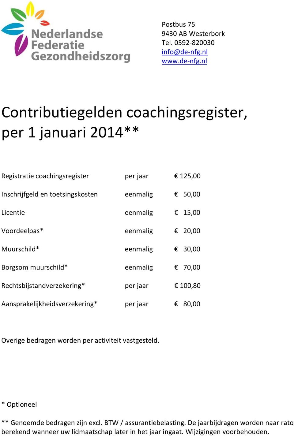 nl Contributiegelden coachingsregister, per 1 januari 2014** Registratie coachingsregister per jaar 125,00 Inschrijfgeld en toetsingskosten eenmalig 50,00 Licentie