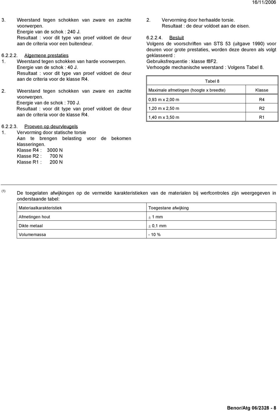 Weerstand tegen schokken van zware en zachte voorwerpen. Energie van de schok : 700 J. Resultaat : voor dit type van proef voldoet de deur aan de criteria voor de klasse R4. 2.