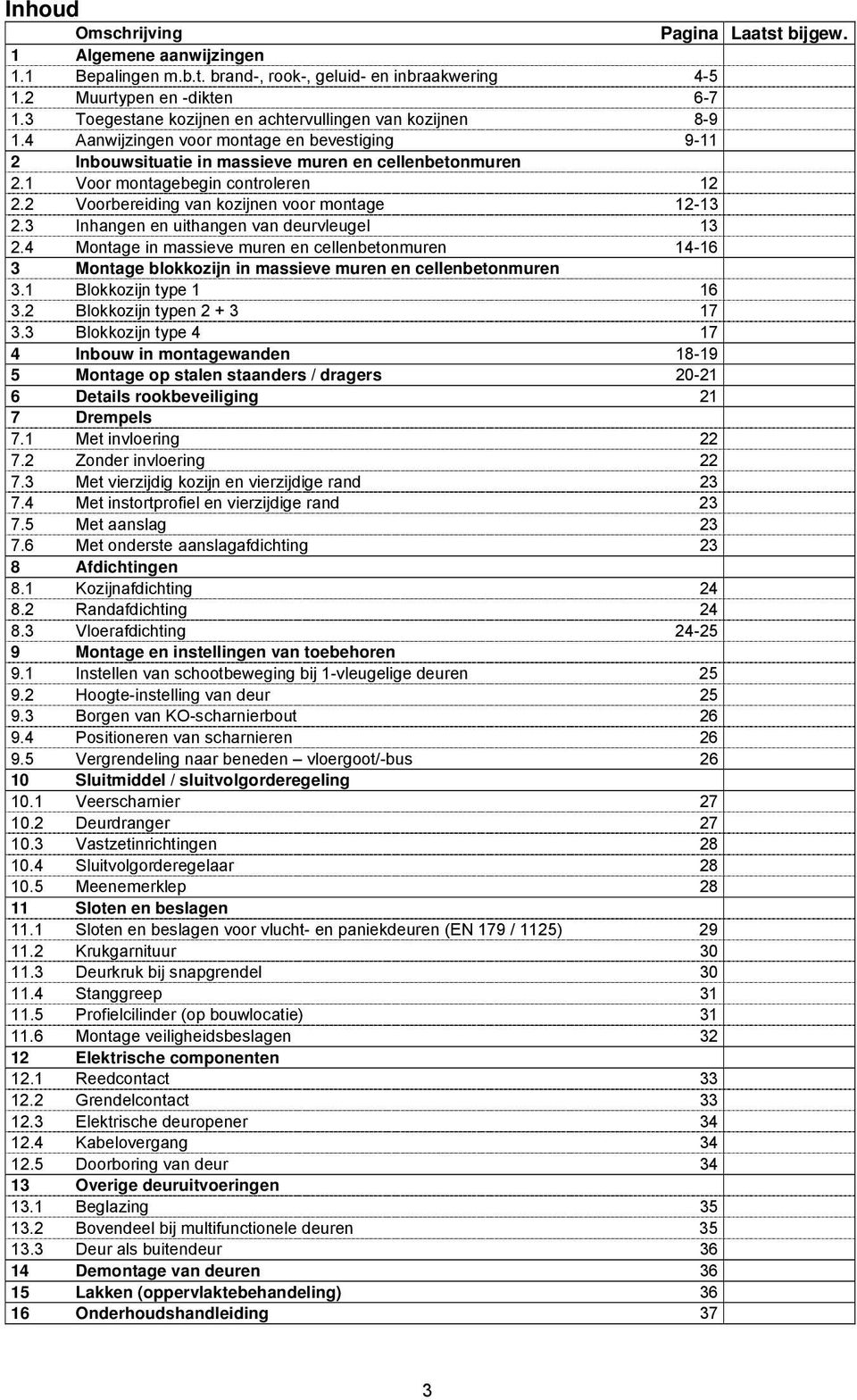 1 Voor montagebegin controleren 12 2.2 Voorbereiding van kozijnen voor montage 12-13 2.3 Inhangen en uithangen van deurvleugel 13 2.