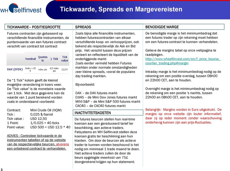 Met deze gegevens kan de waarde van 1 punt berekend worden zoals in onderstaand voorbeeld: Contract: Mini Crude Oil (NQM) Tick : 0,025 $/barrel Tick value : USD 12,50 1 Point: 1/0.