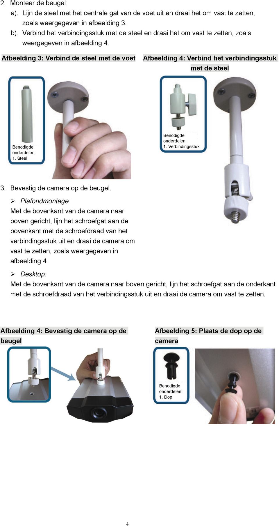 Afbeelding 3: Verbind de steel met de voet Afbeelding 4: Verbind het verbindingsstuk met de steel Benodigde onderdelen: 1. Steel Benodigde onderdelen: 1. Verbindingsstuk 3.