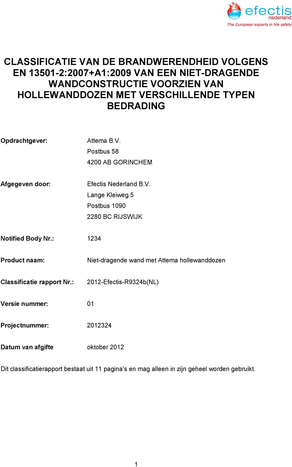 : 1234 Product naam: Niet-dragende wand met Attema hollewanddozen Classificatie rapport Nr.