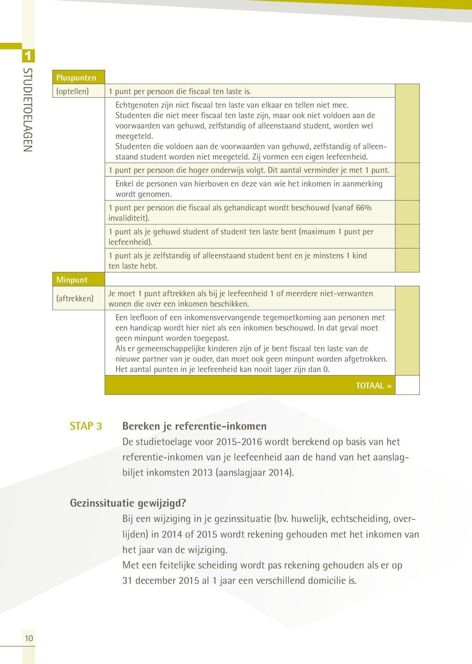 Studenten die voldoen aan de voorwaarden van gehuwd, zelfstandig of alleenstaand student worden niet meegeteld. Zij vormen een eigen leefeenheid. 1 punt per persoon die hoger onderwijs volgt.