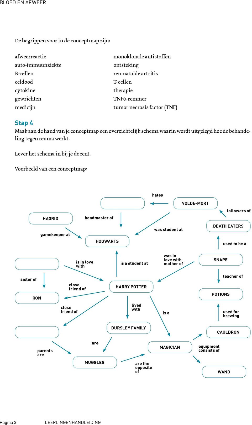 Voorbeeld van een conceptmap: hates VOLDE-MORT followers of HAGRID headmaster of gamekeeper at HOGWARTS was student at DEATH EATERS used to be a is in love with is a student at was in love with